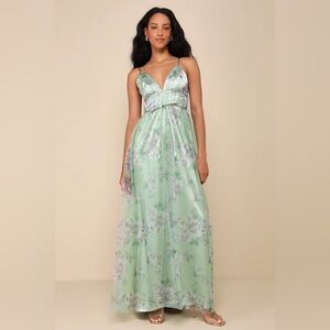 Lulus Delightful Invitation Green Floral Tulle Sleeveless Maxi Dress